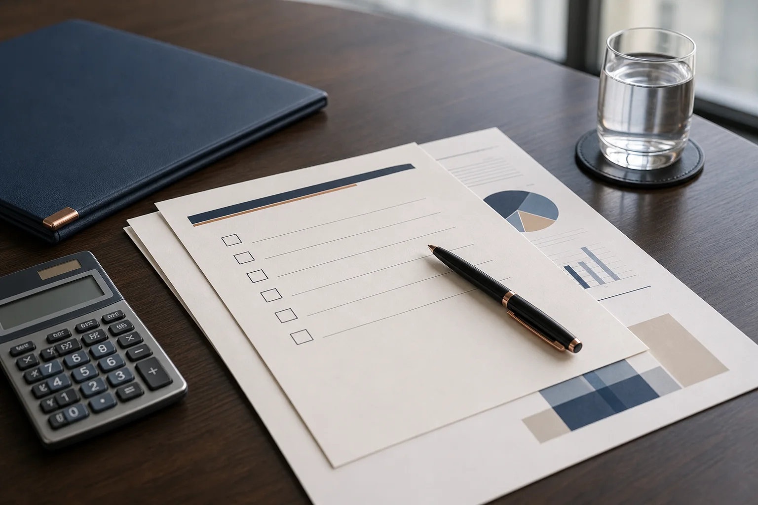 Documents financiers et checklist de transaction sur un bureau.